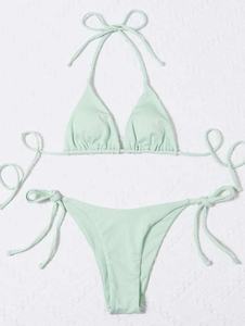 Traje de baño sexy para mujer 2025: Bikini acanalado sin espalda con almohadillas, top halter triangular y tanga de cintura baja con lazo lateral. - Product Image 3