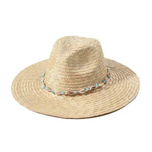 Toptan bayanlar moda plaj doğal hasır şapka buğday Panama şapka kabuk kemer Fedora tatil güneş koruma şapkası kadınlar için