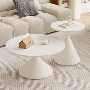 Cream Colored Solid Wood <b>Coffee</b> <b>Table</b> <b>Round</b> Minimalist Modern <b>Small</b> Living Room Side <b>Table</b> - Product Image 4