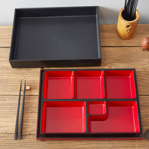 Rectangular Bento <b>Box</b> 6 Compartment Red Interior Wooden Lid <b>Lunch</b> <b>Box</b> For Japanese Meals - Product Image 2