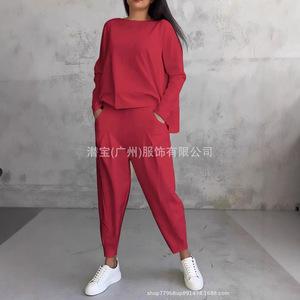 Ensemble de costume décontracté pour femmes, couleur unie, haut à col rond avec poches, pantalon SMLXLXXLXXXL, blanc, gris, rouge, noir, orange, rose, bleu, vert - Product Image 5