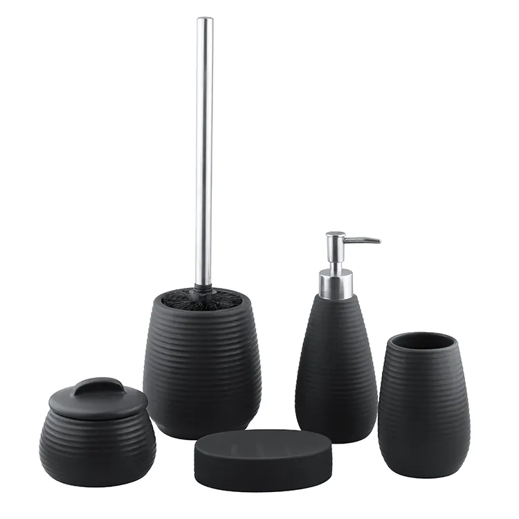 Classic stripe design 5 pieces ceramic bathroom set home decor black bath accessory soap dispenser toliet brush set