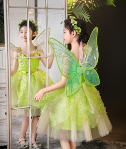 Venta al por mayor niñas verde elfo Rana vestidos Hada niño Tiana Tinker Bell princesa cumpleaños fiesta trajes disfraces de Halloween - Product Image 4
