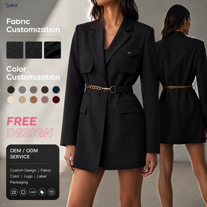 Robe <span class=keywords><strong>Blazer</strong></span> Mini Femme Personnalisée en Polyester Coton Tissé <span class=keywords><strong>Noir</strong></span> Uni à Col Rabattu Manches Longues Coupe Ajustée avec Ceinture Chaîne Dorée pour le Bureau - Product Image 1