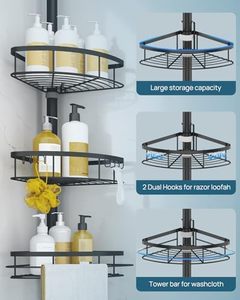 4-tầng có thể điều chỉnh căng thẳng cực tắm Caddy rustproof 39-113 inch rắn màu đen phòng tắm lưu trữ giá - Product Image 6
