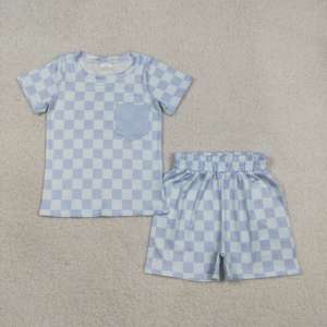 BSSO1753 rts Boutique Conjunto de ropa con estampado de cuadros azules para bebé, conjunto de ropa para niños, conjunto de manga corta al por mayor - Product Image 1