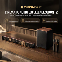 Barre de son Bluetooth en bois OKON avec deux micros sans fil, caisson de basses de 8 pouces, ARC, optique, coaxial, système de haut-parleurs audio domestique