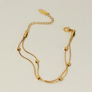 Minimalist Double Strand Square <b>Bead</b> <b>Bracelet</b> Waterproof Anti-fade <b>Gold</b> Plated Snake Chain <b>Bracelet</b> For Women - Product Image 4