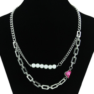 Collar de cadena cubana de doble capa con perlas y diamantes de imitación, cadena de cuello de acero de titanio neutra, dulce y moderna. Tanjing - Product Image 1