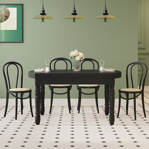 Retro American Style Solid Wood <b>Dining</b> <b>Table</b> And Chair Set 6 Piece Extendable Rectangular Black French Style <b>Dining</b> Room Set - Product Image 1