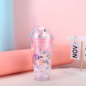 Cute 450ml Four-Color Option Unicorn Cartoon Double Wall <b>Plastic</b> <b>Straw</b> Cup with Silver Sequin Decor Dome Lid for Kawaii Girls - Product Image 2