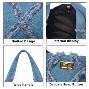 Sac fourre-tout en jean pour femme, sac à main bandoulière décontracté de haute qualité, design tendance pour femme - Product Image 5