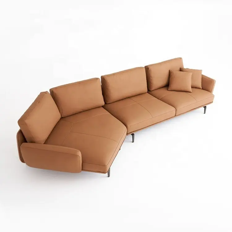Italian minimalist high foot leather sofa with irregular corners, four seater living room sofa furniture set