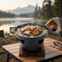 Mini ensemble de poêles grill en fonte, réchaud à charbon avec base en bois anti-brûlure, cuisinière BBQ antiadhésive rainurée pour balcon et table