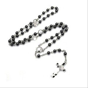 Collier chapelet en pierre naturelle noire pour homme, pendentif croix en alliage de zinc, 6mm 8mm, bijou cadeau, chaîne de pull - Product Image 4