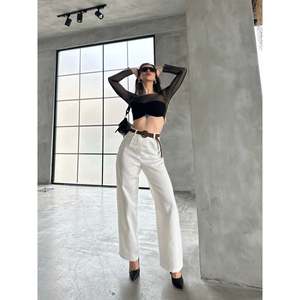 Pantalon taille haute blanc 100 % coton pour femme DEFILE - Confortable et décontracté pour l'été et le quotidien - Product Image 1
