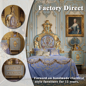 Mobili per Camera da Letto di Lusso in Stile Francese, Letto in Legno Intagliato Blu e Oro con Testiera Ricamata per Villa Reale o Palazzo - Product Image 2