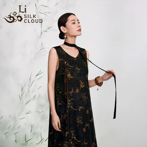 Robe longue sans manches en soie Xiangyun, imprimée floral, écologique, taille naturelle, pour femme, été - Product Image 1