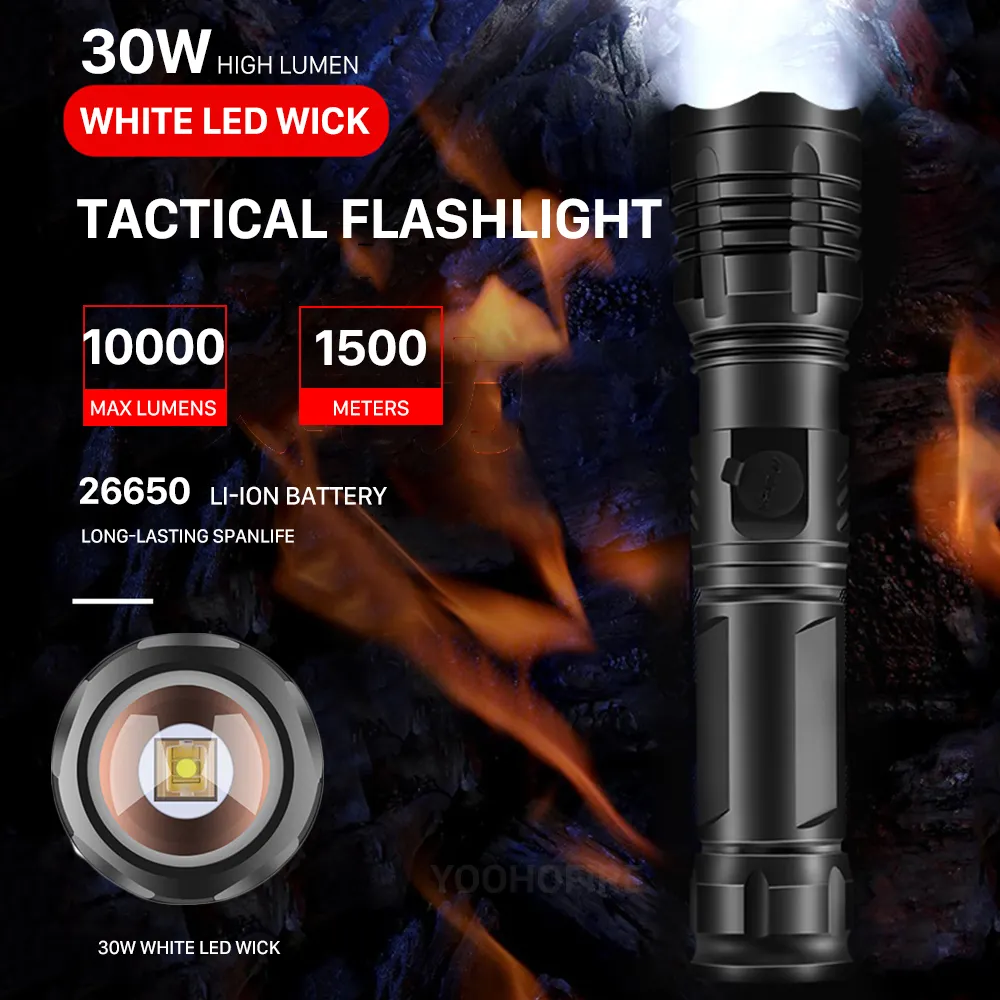 10000 Lumens LED Đèn Pin Rechageable USB 30W Điện Zoomable Sáng Ngọn Đuốc Chiến Thuật Cắm Trại Khẩn Cấp Đèn Flash Ánh Sáng
