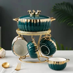 Nouveaux pots en céramique de Style nordique luxe bord or <span class=keywords><strong>vert</strong></span> rose blanc noir <span class=keywords><strong>pot</strong></span> à soupe en porcelaine avec bols support de rangement ensemble - Product Image 4