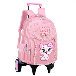 Tas sekolah murid perempuan, ransel bergulir merah muda lucu dengan roda