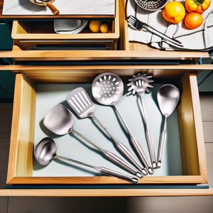 طقم أدوات مطبخ أنيق من الفولاذ المقاوم للصدأ 304، آمن للغسل في غسالة الأطباق، يشمل مغرفة ووك وملعقة تقليب معدنية عالية الجودة - Product Image 5