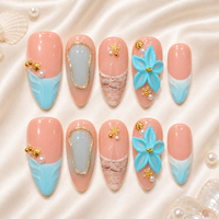 Faux ongles en acrylique faits main de qualité supérieure, motif floral 3D bleu, avec French manucure rose nude, réutilisables, logo personnalisé, vente en gros