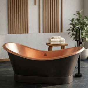 Baignoire autoportante en cuivre pur de style indien, baignoire ovale moderne sans couvercle, baril de bain pour villa de luxe - I H C - Product Image 2
