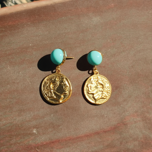 Fine Dangle <b>Earrings</b> PVD Gold Plated 316L Stainless Steel <b>Turquoise</b> Bead Coin Pendant Drop <b>Studs</b> - Product Image 3