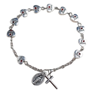 19.5 centimetri di lunghezza I Amore di Gesù In Lega di Zinco Del Cuore di Metallo Beads placcato <span class=keywords><strong>Argento</strong></span> <span class=keywords><strong>Rosario</strong></span> Braccialetto A Catena - Product Image 1