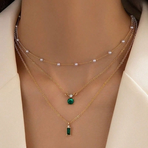 <span class=keywords><strong>Collar</strong></span> en Forma de Y de Varias Capas con Formas Geométricas Azules y Verdes con Incrustaciones de Diamantes, Estilo de <span class=keywords><strong>Abuela</strong></span> N80766 - Product Image 2