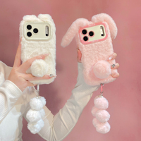 Nouvelle coque de téléphone en peluche lapin aux longues oreilles pour l'automne et l'hiver avec support d'objectif et chaîne pour iPhone 17 Pro Max 16 13 12 11