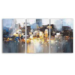 Pintura al Óleo Abstracta de Paisaje Urbano, Arte de Pared en Lienzo, Pintado a Mano, Paisaje Moderno, Decoración Interior de Tres Paneles - Product Image 1