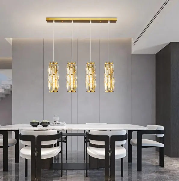 Lustre en cristal de luxe moderne Woholitable, lustre d'éclairage cylindrique en verre doré peut être ajusté