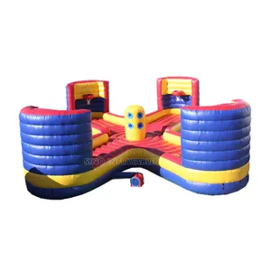 4 people use inflatable bungee run with basketball hoops for kids and adults interactive game