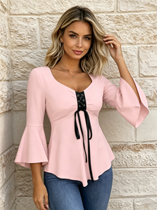 SWEET BABE Blouse pour femme à manches évasées, col en V, détail lacé, ourlet asymétrique, coupe ample, pour le quotidien - Product Image 5