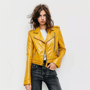 <span class=keywords><strong>Veste</strong></span> de motard <span class=keywords><strong>en</strong></span> <span class=keywords><strong>simili</strong></span> <span class=keywords><strong>cuir</strong></span> pour femme, couleur moutarde unie, manches longues, sur mesure <span class=keywords><strong>en</strong></span> gros - Product Image 2