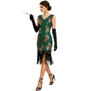 Robe de soirée rétro des années 1920 à col en V, à sequins et franges, style Gatsby, coupe fourreau, taille naturelle, en satin - Product Image 4