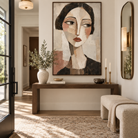 Tableau mural abstrait sur toile : Portrait de femme texturé, peinture cubiste du visage, décor neutre pour salon, chambre, hôtel