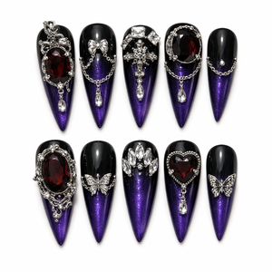 Faux ongles de luxe violets à presser, style gothique avec chaîne en strass, couvrance totale, pour fêtes et festivals - Product Image 1