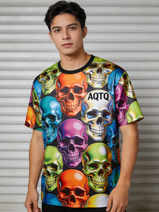 T-shirt <span class=keywords><strong>d</strong></span>écontracté à manches courtes et col rond pour <span class=keywords><strong>homme</strong></span> AQTQ, imprimé par sublimation, motif crâne 3D coloré, style pop art vintage, idéal pour le streetwear - Product Image 3
