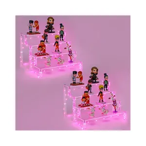 4 katmanlı akrilik yükseltici sergileme rafı Cupcake standı için oyuncak makyaj kozmetik pembe Led ışıklar