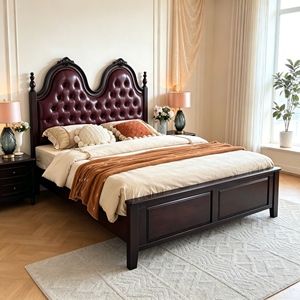 Traditional Mahogany Wood Bed with Genuine Leather Upholstered Headboard Queen Size Storage Bed Soft Bed Design - Product Image 4