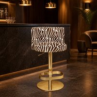 Chaise de bar pivotante moderne en velours à rayures zébrées, marron crème, garniture cloutée, siège rond rembourré, base dorée, réglage de la hauteur, pour café