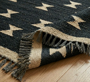 Tapis artisanal en laine et jute |   Tapis géométrique tribal bohème noir pour salon, chambre, couloir, décoration de sol de maison de style farmhouse - Product Image 6