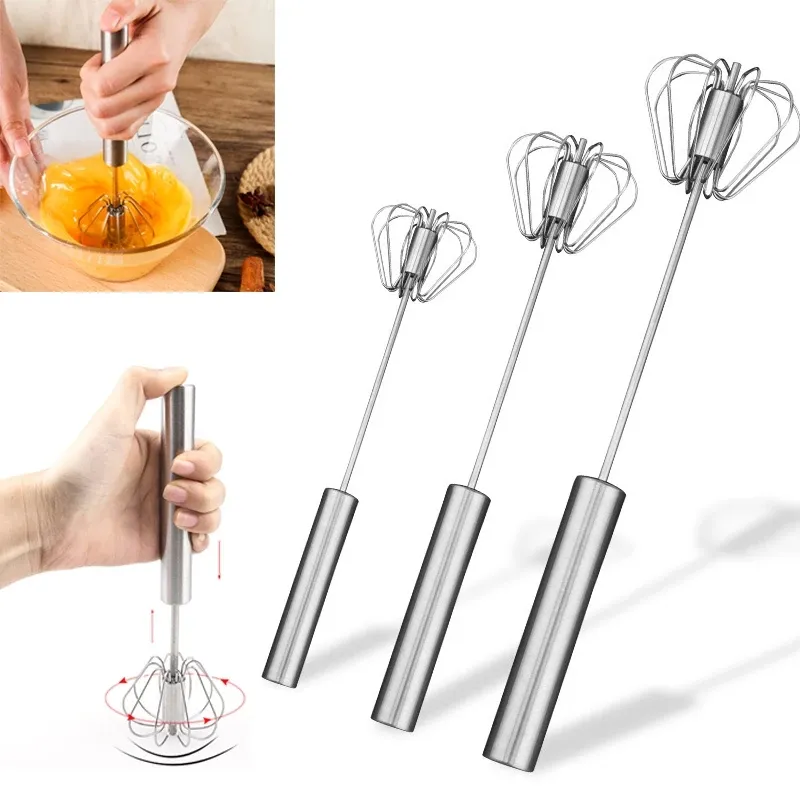 2sets 14" Semi-Automatic Manual Self Turning Stainless Steel Push Whisk Mixer 