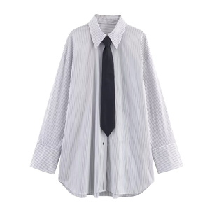 Blusa gris vintage tejida a rayas con cuello vuelto, botones, manga larga, holgada, informal y extragrande para mujer - Product Image 1