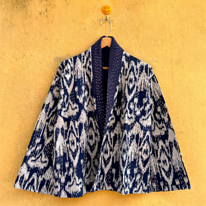 Veste en coton Kantha à imprimé géométrique pour femmes, col châle, manches longues, style automne, longueur normale, tissu tissé - Product Image 1