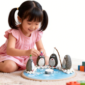 Kit de Portavelas de Arte en Piedra de Pingüino Ártico para Niños, Manualidad de Decoración de Mesa con Piedras y Mini Sombreros - Product Image 6
