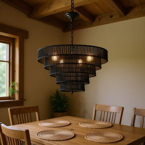 Lámpara colgante rústica estilo boho de 24 pulgadas, de cuerda de cáñamo negra, de 5 niveles, con bombilla E12, para comedor. - Product Image 2